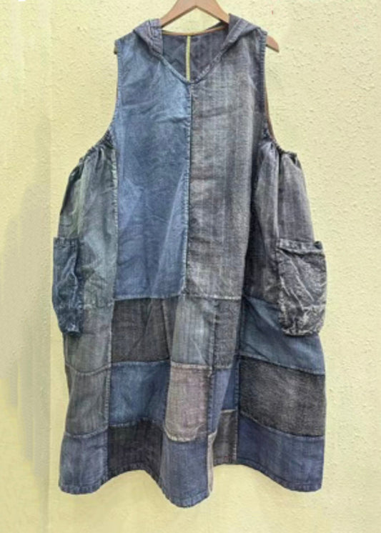 Vintage Colorblock Hooded Pockets Cotton Waistcoat Sleeveless GH1063