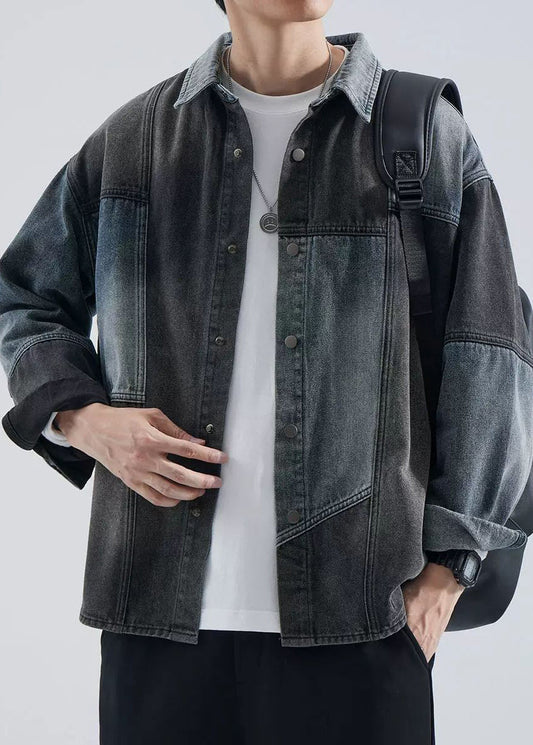 Coat Men Peter Pan Button Spring Colorblock Collar Vintage Denim