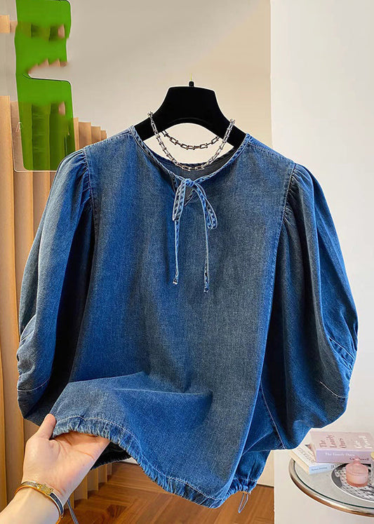 Hauts vintage en denim bleu patchwork avec dentelle nouée pour l'été TR004