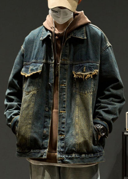 Mens Pan Spring Coats TC040 Button Denim Collar Blue Vintage Pockets Peter