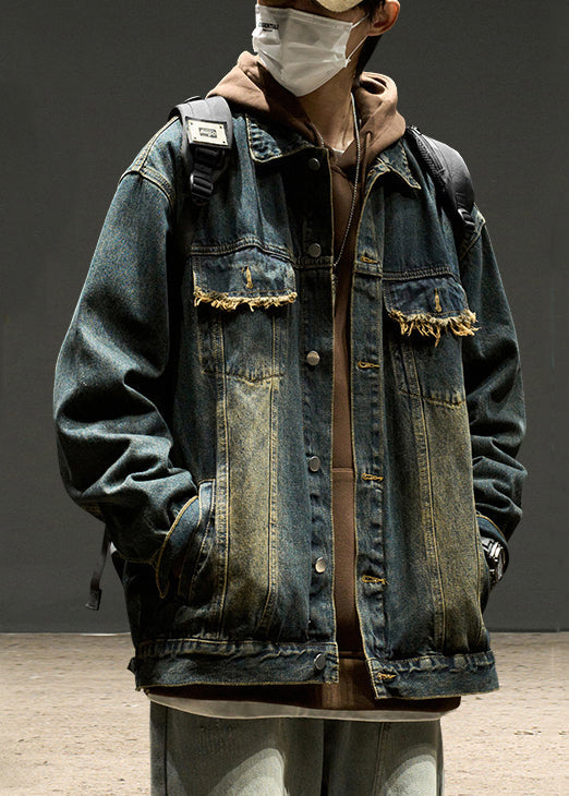 Mens Pan Spring Coats TC040 Button Denim Collar Blue Vintage Pockets Peter