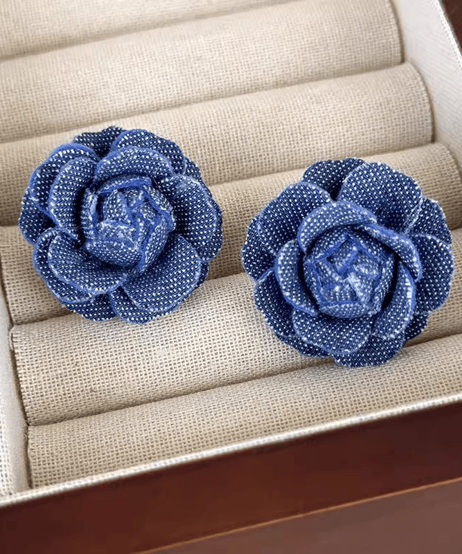 Stud Silver Earrings Denim Blue Floral Sterling Vintage