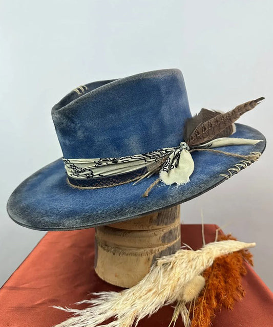 Cowboy Vintage Style Blue Hat Wool Ethnic
