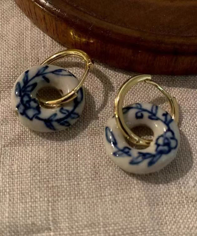 Boucles d'oreilles créoles florales en céramique surdorée en cuivre doré vintage QU047