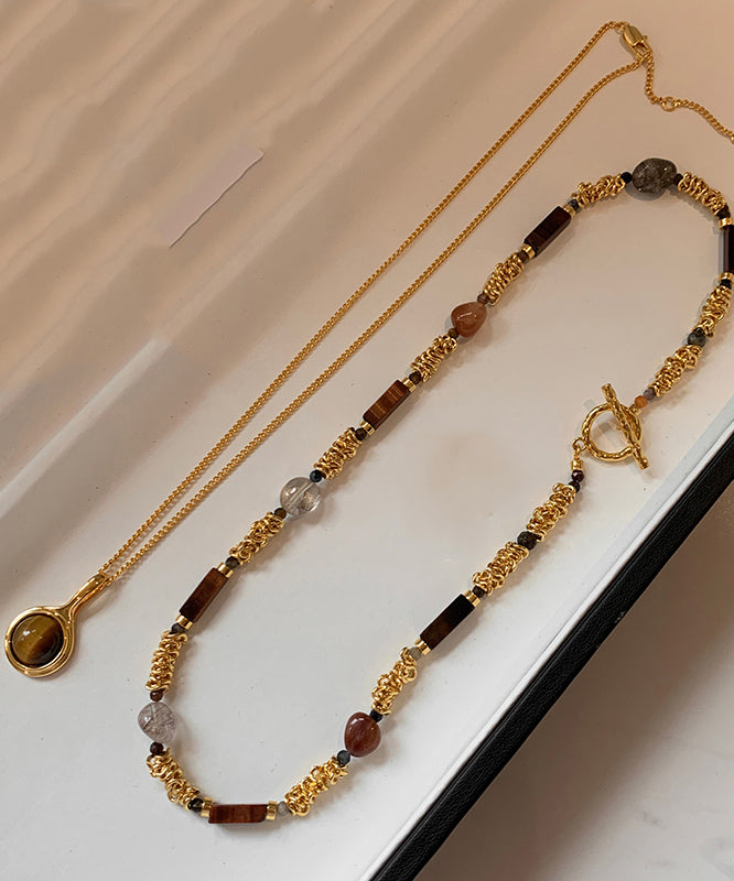 Vintage Set Beads Tiger's-Eye Overgild Two-Piece Copper Gold