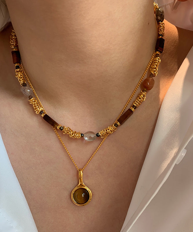 Vintage Set Beads Tiger's-Eye Overgild Two-Piece Copper Gold