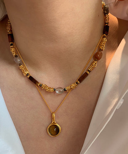 Vintage Set Beads Tiger's-Eye Overgild Two-Piece Copper Gold