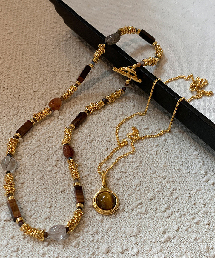 Vintage Set Beads Tiger's-Eye Overgild Two-Piece Copper Gold