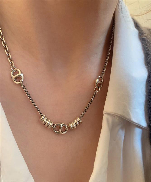 Vintage Gold Stainless Steel Chain Linked Patchwork Pendant Necklace PO005