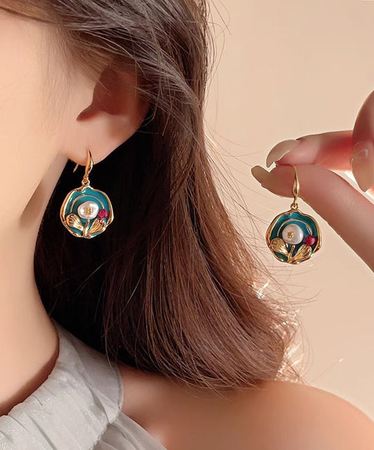 Boucles d'oreilles pendantes florales en argent sterling doré vintage WO004