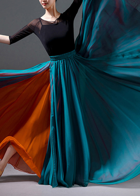 Patchwork Vintage Silk Skirt Grass Summer Green Waist High Maxi