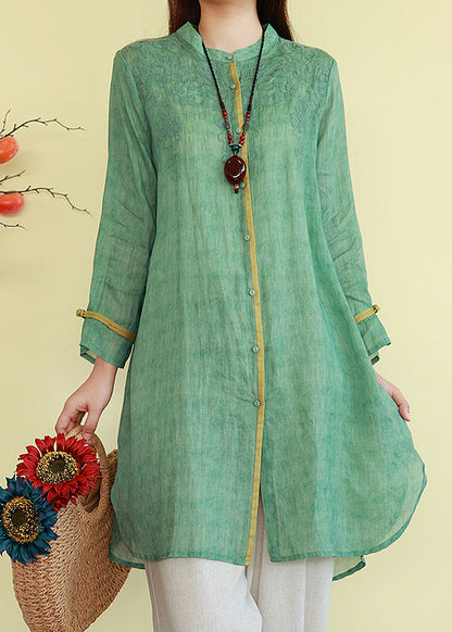 Vintage Linen Thin Button Blouses Patchwork Green