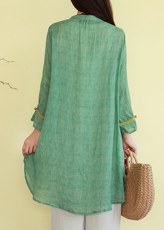 Vintage Linen Thin Button Blouses Patchwork Green