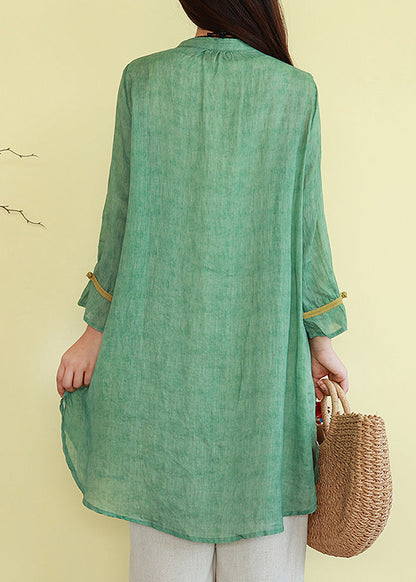 Vintage Linen Thin Button Blouses Patchwork Green
