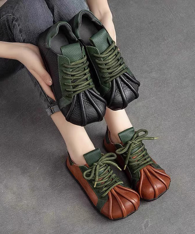 Flat Lace Green Up Cowhide Leather Splicing Vintage Shoes