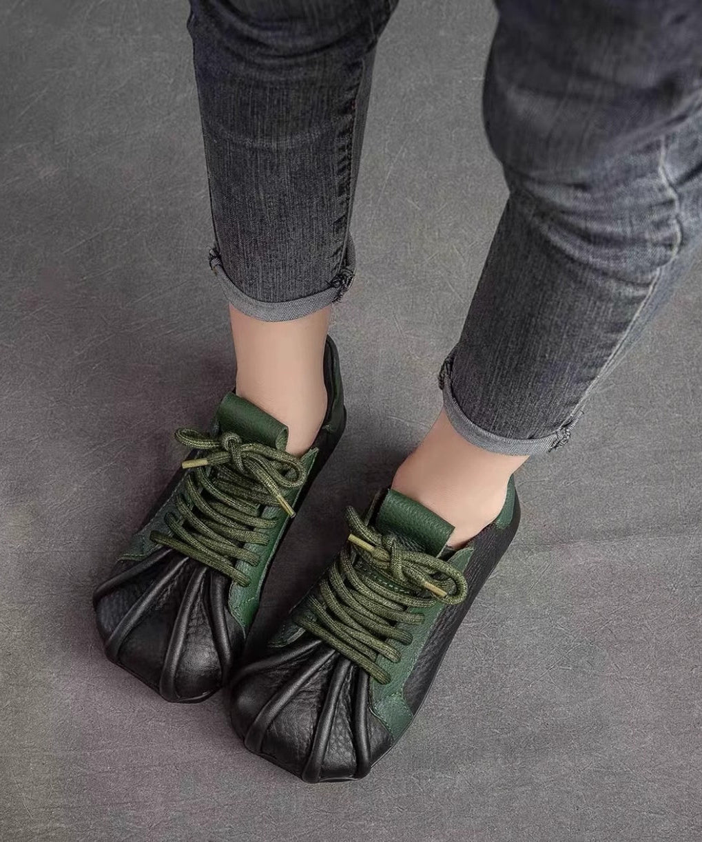 Flat Lace Green Up Cowhide Leather Splicing Vintage Shoes