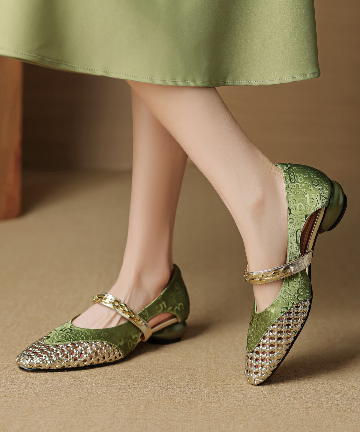 Leather Vintage Splicing Cowhide Out Chunky Shoes Green Hollow