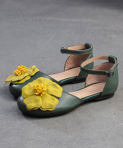 Green Splicing Vintage Sandals Buckle Strap Floral Flat
