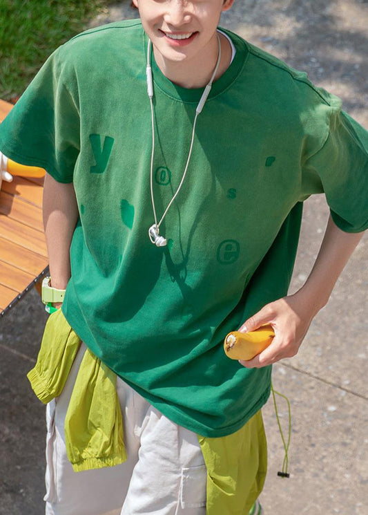 Shirt Gradient Vintage Letter Cotton Green Men Color Summer T