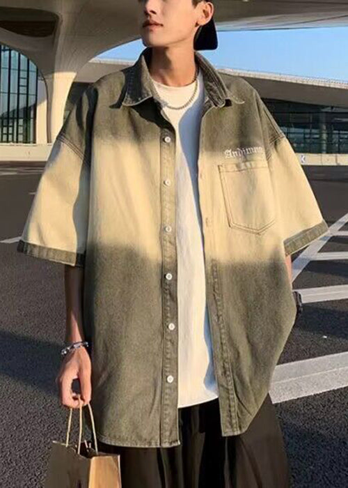 Pockets Half Men Shirts Cotton Vintage Color Gradient Green