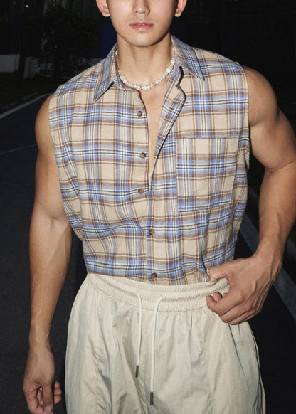 Pan Collar Peter Green Cotton Plaid Vintage Men Tank Sleeveless