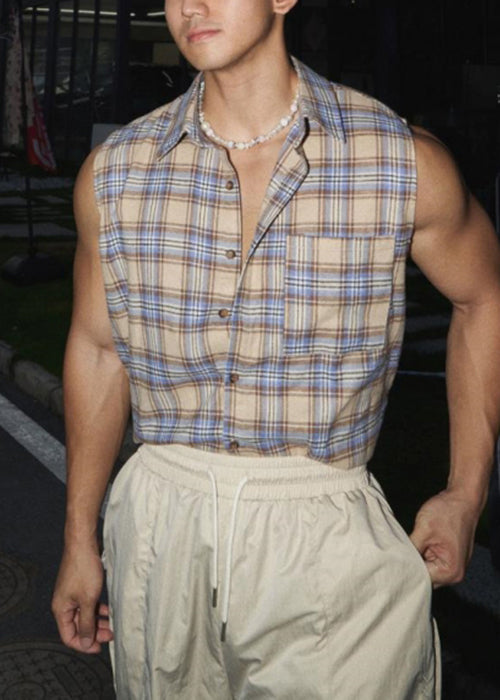 Pan Collar Peter Green Cotton Plaid Vintage Men Tank Sleeveless