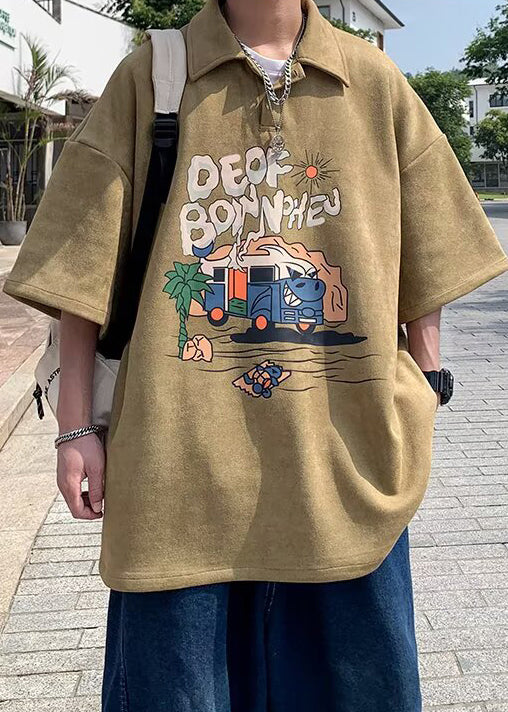 Print Shirts Vintage Summer Green Button Polo Cotton Mens