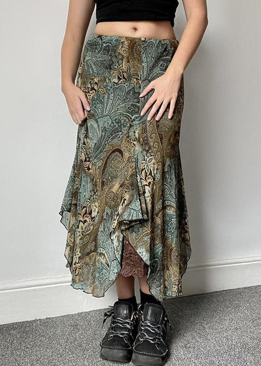 Vintage Print Patchwork Lace Green Skirts Summer