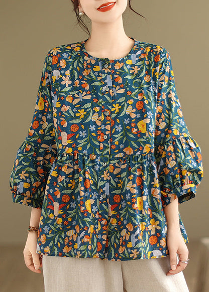 Vintage Grün Print Patchwork Falten Tops Herbst UU048