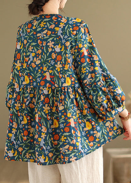 Vintage Grün Print Patchwork Falten Tops Herbst UU048