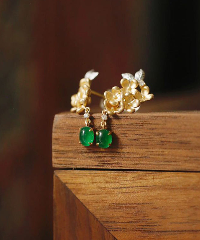 Zircon StCopper Green Vintage Jade Tasselud Floral Earrings