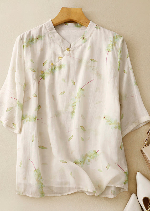 Vintage Green Stand Collar Print Linen Blouse Tops Summer AM1064