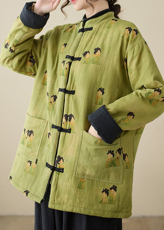 Parkas d'hiver à poches imprimées et col montant vert vintage QG001