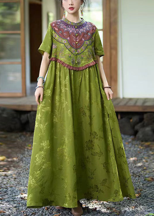 Vintage Green Stand Collar Ruffled Embroidered Silk Dresses Summer GEM038