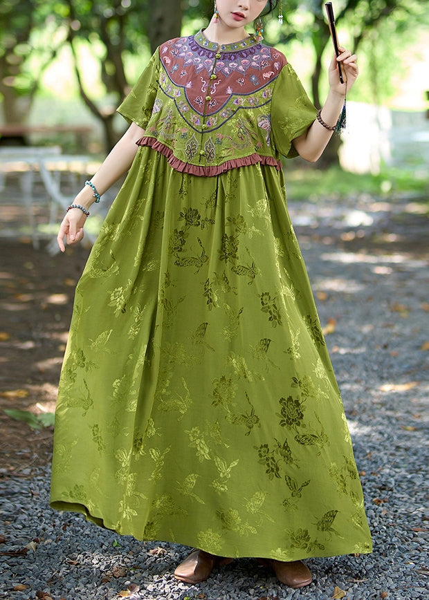 Vintage Green Stand Collar Ruffled Embroidered Silk Dresses Summer GEM038