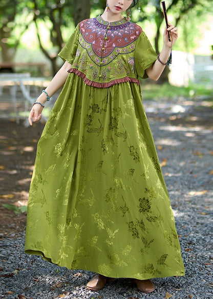 Vintage Green Stand Collar Ruffled Embroidered Silk Dresses Summer GEM038