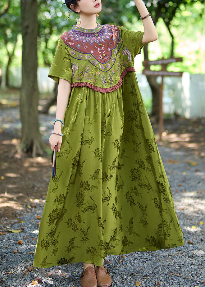 Vintage Green Stand Collar Ruffled Embroidered Silk Dresses Summer GEM038