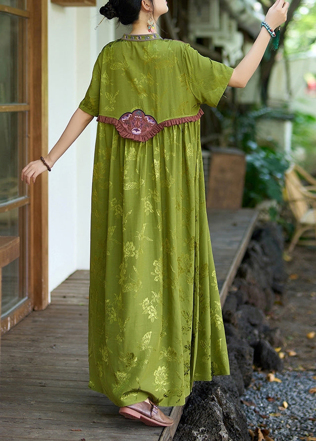 Vintage Green Stand Collar Ruffled Embroidered Silk Dresses Summer GEM038