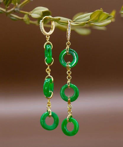 Vintage Green Sterling Silver Overgild Jade Circle Drop Earrings AC1063