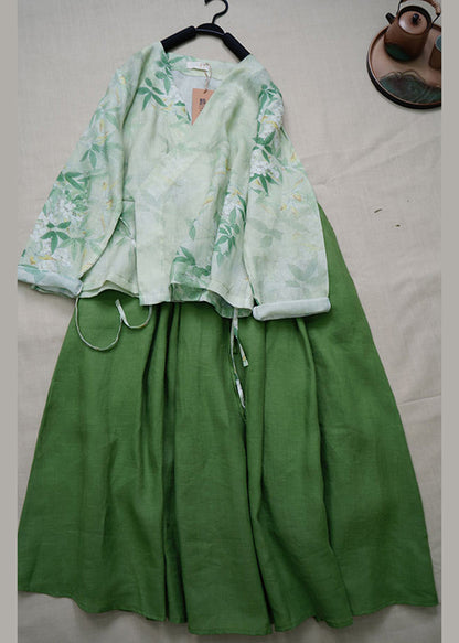 Ensemble deux pièces vintage en lin vert à lacets et col en V pour l'été BV040