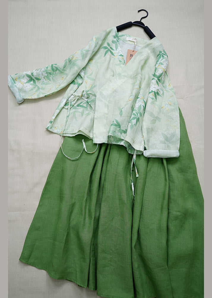 Ensemble deux pièces vintage en lin vert à lacets et col en V pour l'été BV040