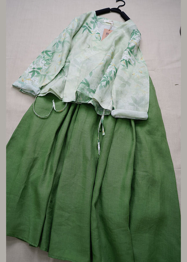 Ensemble deux pièces vintage en lin vert à lacets et col en V pour l'été BV040