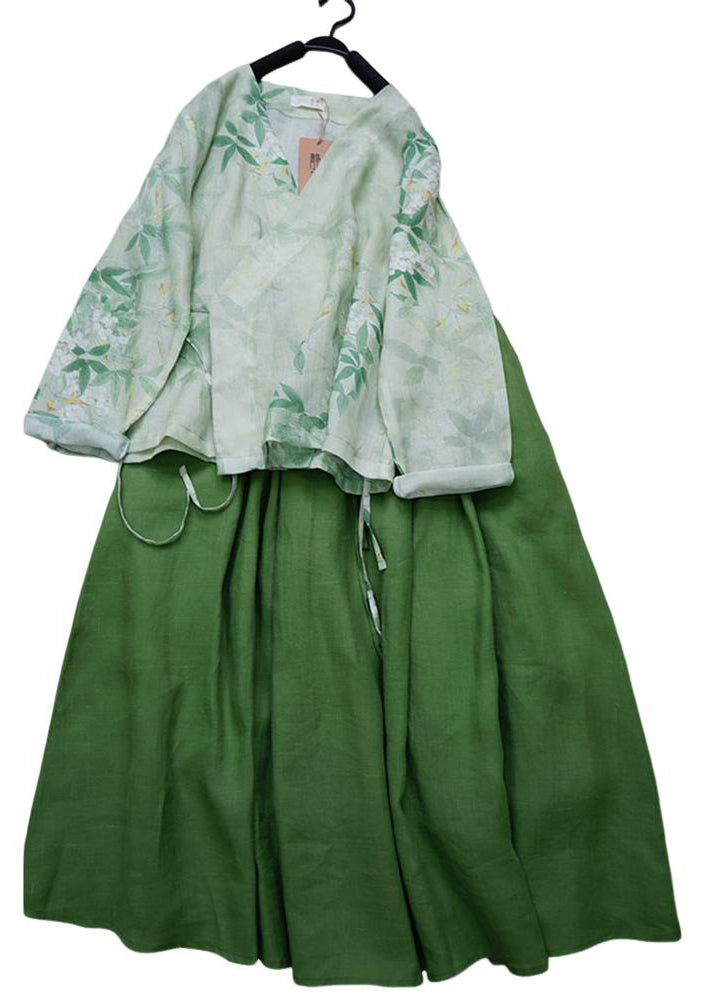 Ensemble deux pièces vintage en lin vert à lacets et col en V pour l'été BV040