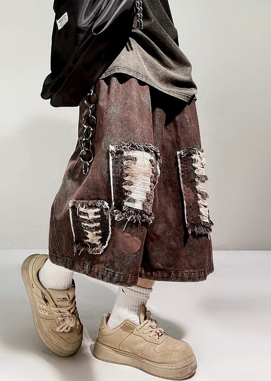 Elastic Shorts Vintage Denim Summer Hole Men Waist Oversized