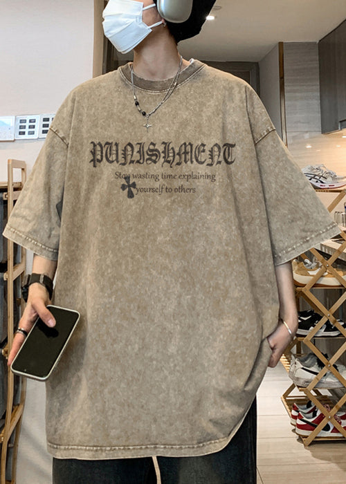 Vintage Khaki O Neck Print Cotton Graphic Tees Men Short Sleeve YL002