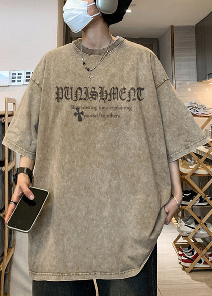 Vintage Khaki O Neck Print Cotton Graphic Tees Men Short Sleeve YL002