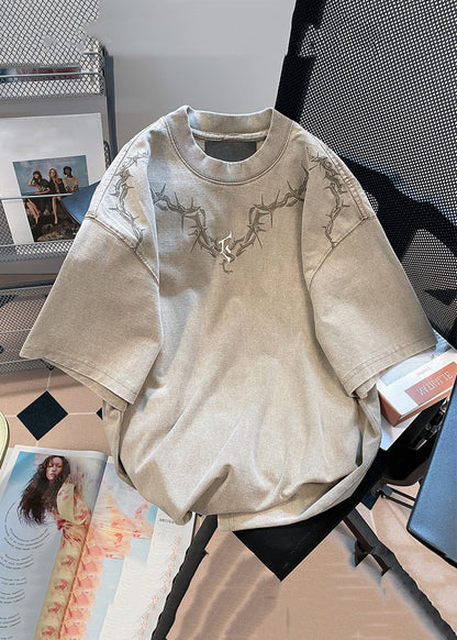 Vintage Khaki O Neck Print Solid Cotton Mens T shirt Summer YL006