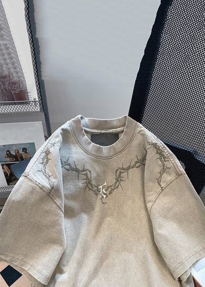 Vintage Khaki O Neck Print Solid Cotton Mens T shirt Summer YL006