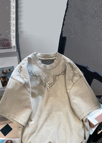 Vintage Khaki O Neck Print Solid Cotton Mens T shirt Summer YL006