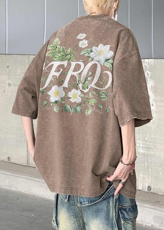 Khaki Cotton Half T Men Cozy Vintage Sleeve Print Shirts